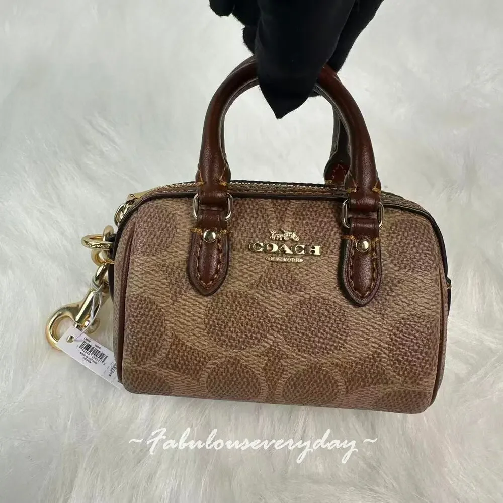 Coach Mini Rowan Bag Charm In Signature Canvas Silver/Brown/Tan CX068 NWT